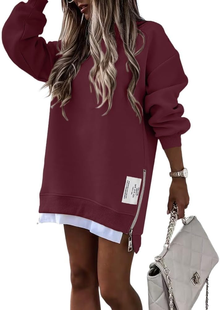 Womens Long Sleeve Zipper Slit Oversized Sweatshirt 2025 Casual Pullover Zipper Hoodies Fall Clothes