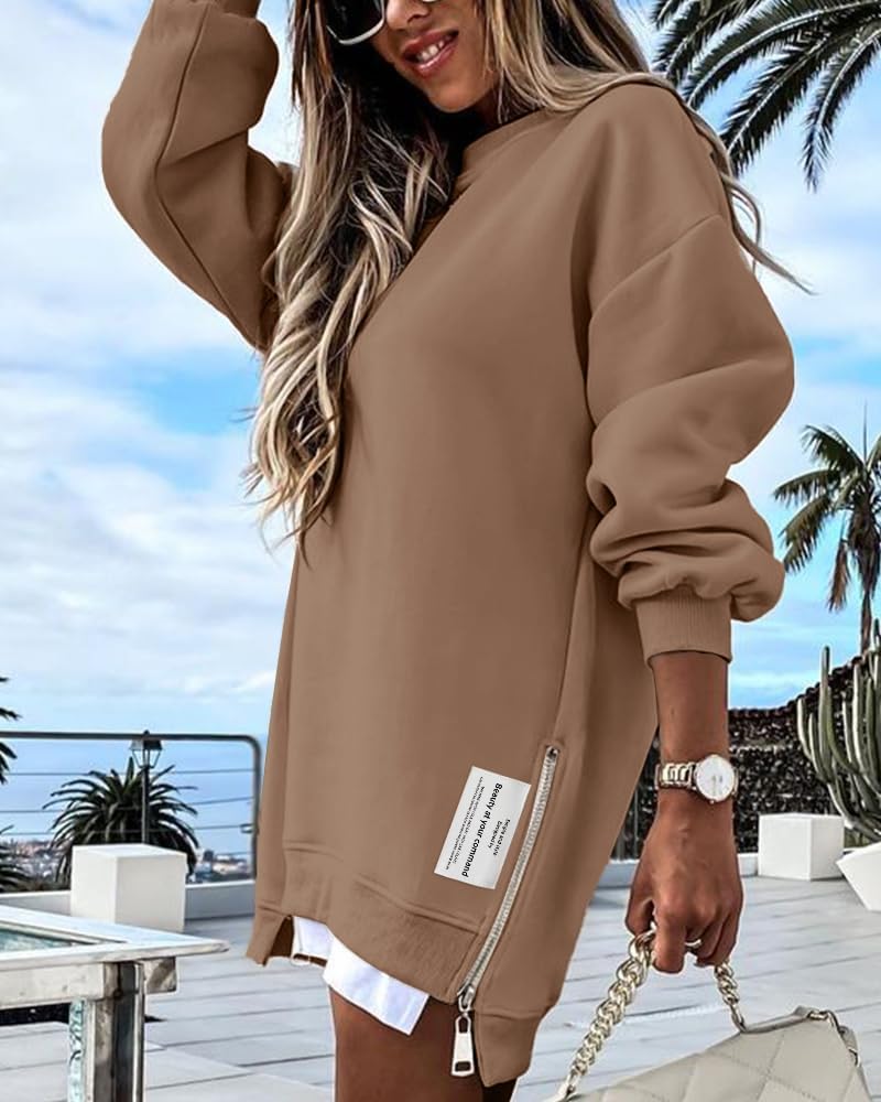 Womens Long Sleeve Zipper Slit Oversized Sweatshirt 2025 Casual Pullover Zipper Hoodies Fall Clothes