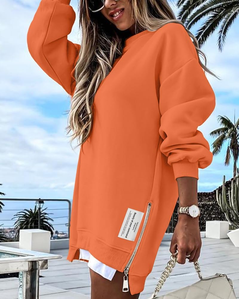 Womens Long Sleeve Zipper Slit Oversized Sweatshirt 2025 Casual Pullover Zipper Hoodies Fall Clothes