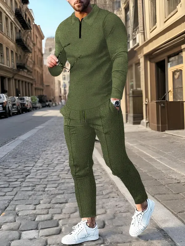 Men's Solid Textured Long Sleeve Polo Shirt & Drawstring Waist Pants Matching Sets