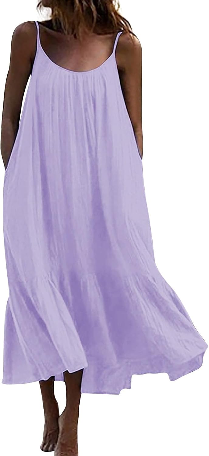 Summer Dresses Loose Fit Sleeveless Spaghetti Strap Asymmetric Tiered Maxi Dress Baggy