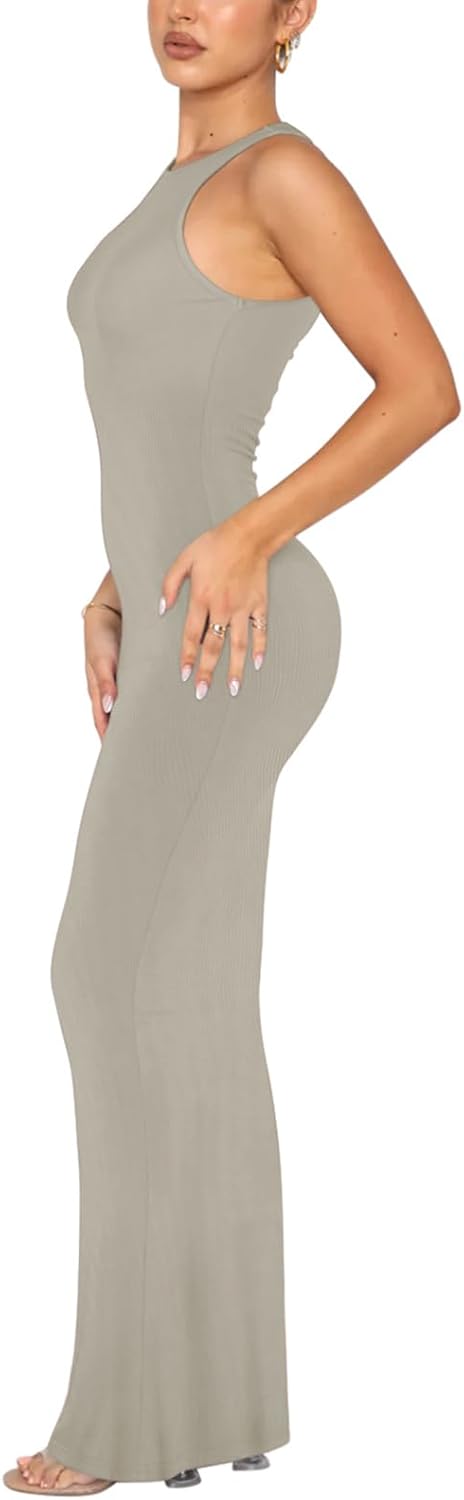 Women's Basic Sexy Lounge Slip Long Dress Elegant Sleeveless Backless Ribbed Bodycon Maxi Dresses