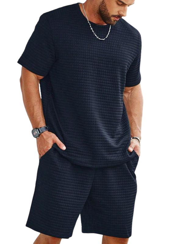 Two-Piece Set Men's Solid Waffle Knit Short Sleeve Tee & Pocket Shorts Set