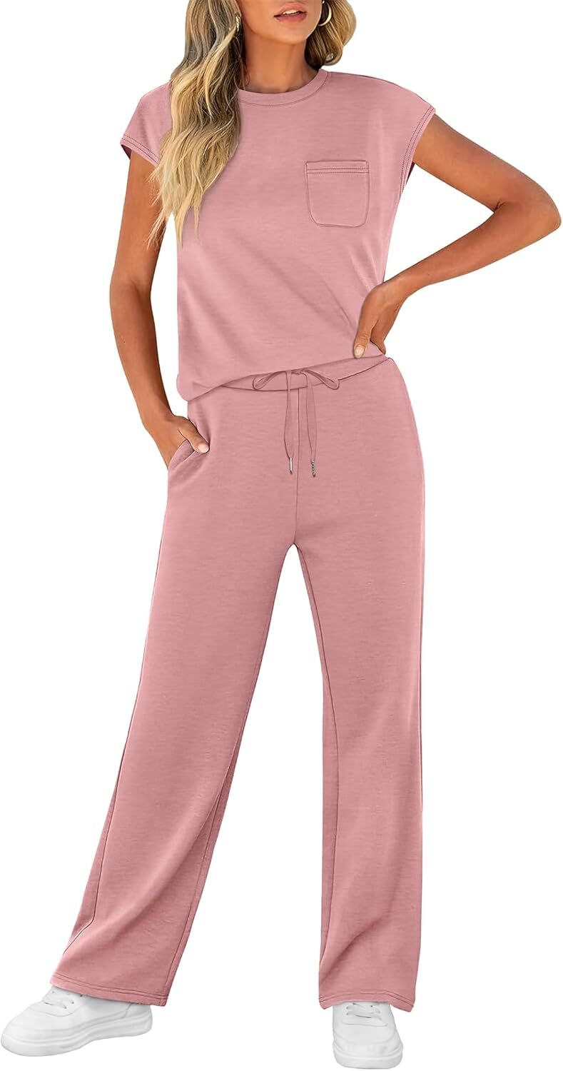🔥 Hot selling model-2 Piece Sets for Women Casual Summer Travel Vacation Outfits Cap Sleeve Lounge Set