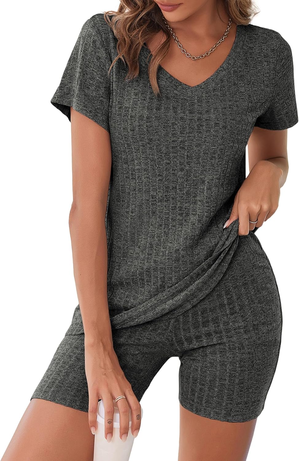 Biker Short Sets Women 2 Piece Outfits Ribbed Pajama Short Sleeve Workout Set