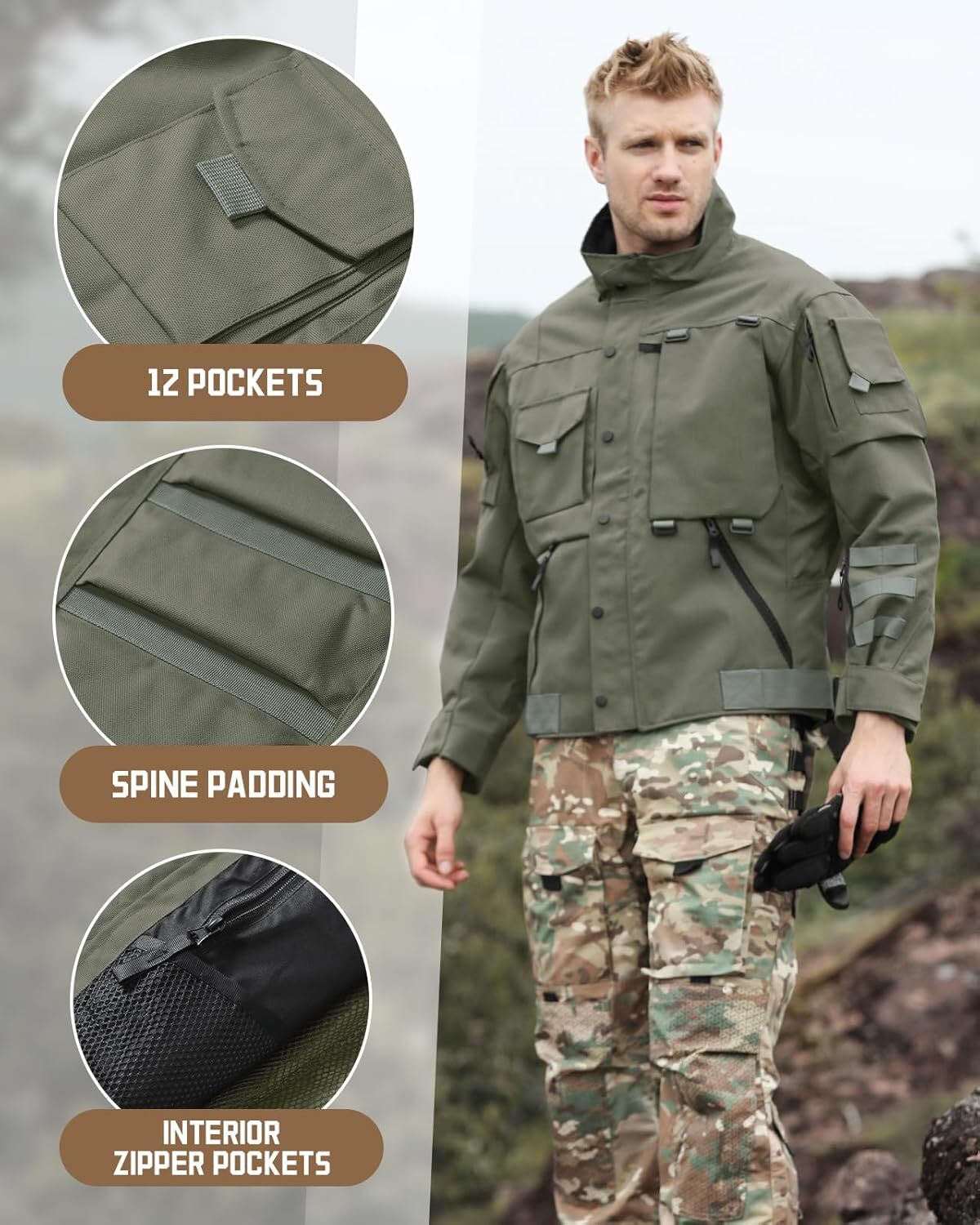 Military Jacket for Men 1000D Cordura Tactical Jacket Hard Shell Water Resistant Army Jacket Coat Hiking Bushcraft