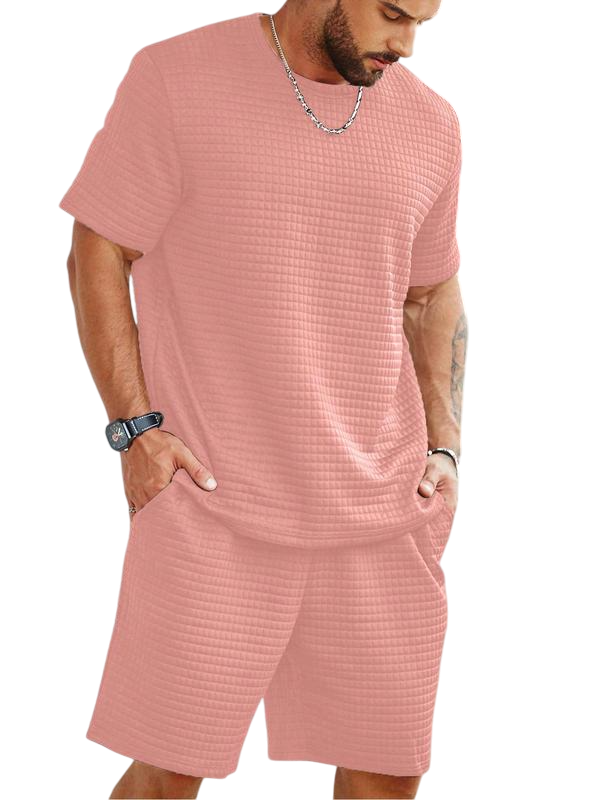 Two-Piece Set Men's Solid Waffle Knit Short Sleeve Tee & Pocket Shorts Set
