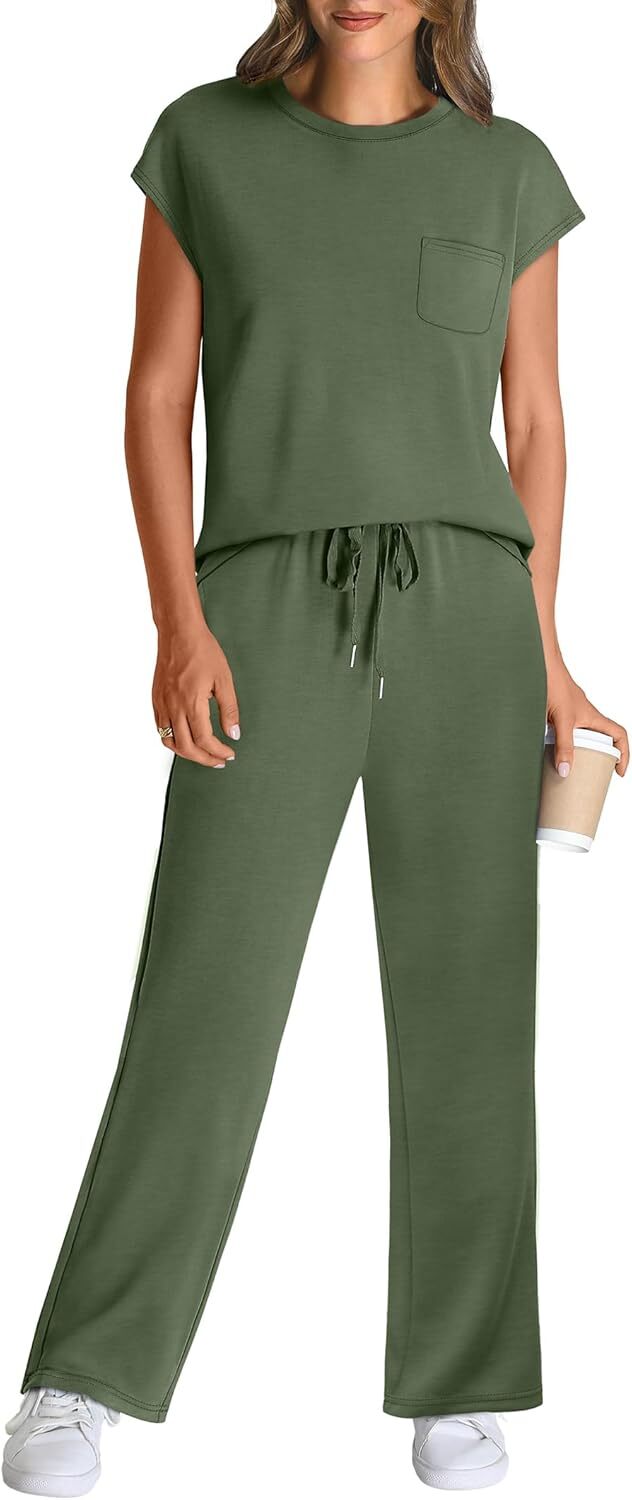 🔥 Hot selling model-2 Piece Sets for Women Casual Summer Travel Vacation Outfits Cap Sleeve Lounge Set