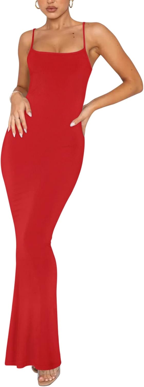 Women's Basic Sexy Lounge Slip Long Dress Elegant Sleeveless Backless Ribbed Bodycon Maxi Dresses