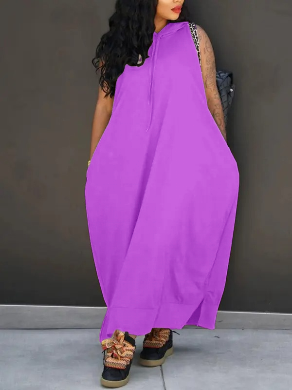 š„Last day promotionā°-Women's Plain Drawstring Hooded Tank Dress, Casual Pocket Sleeveless Maxi Dress for Summer, Fashion Women's Clothing for Daily Wear