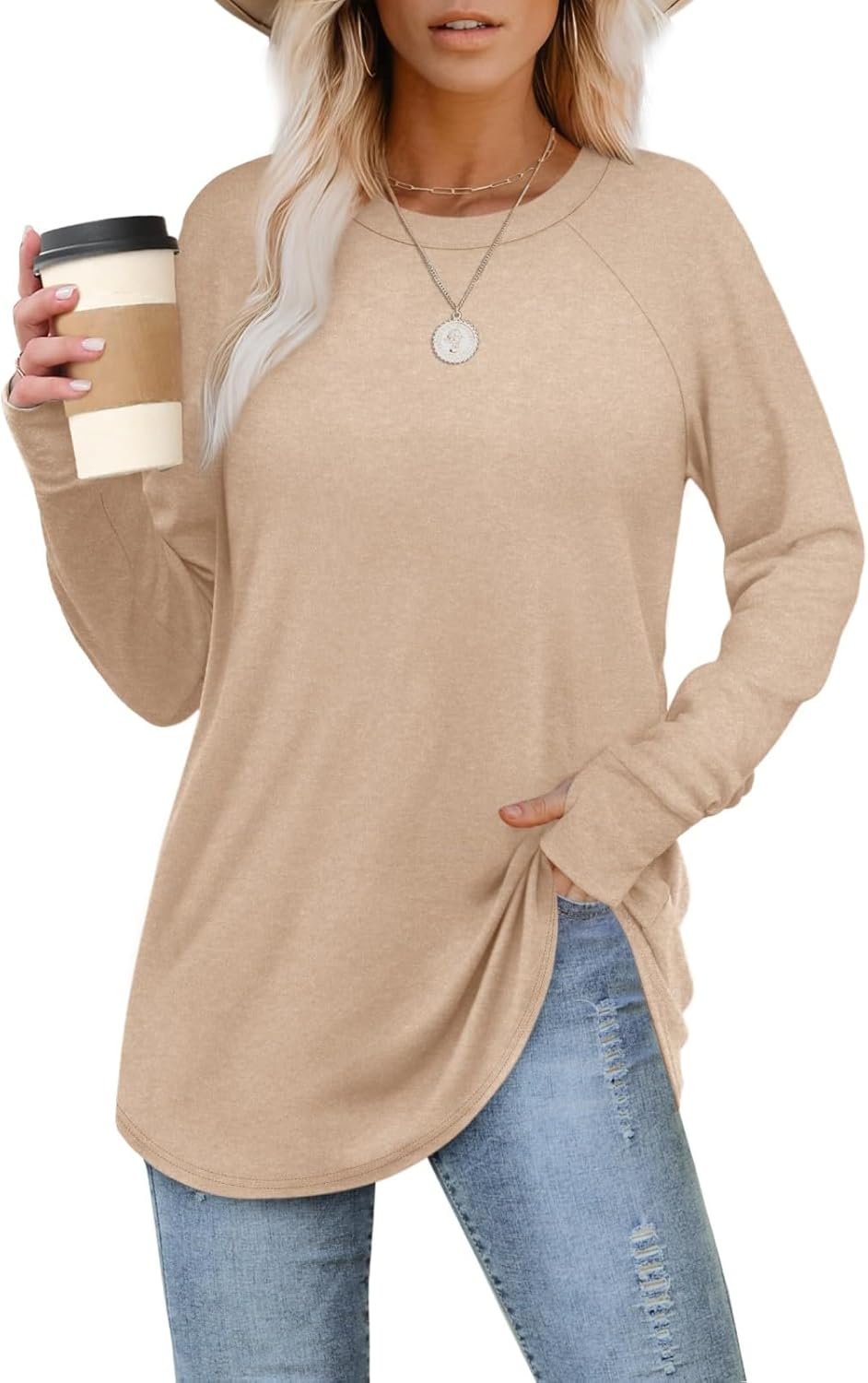 Womens Tunic Tops to Wear with Leggings Long Sleeve Thumb Hole Shirts Crew Neck Curved Hem Fall Winter Clothes