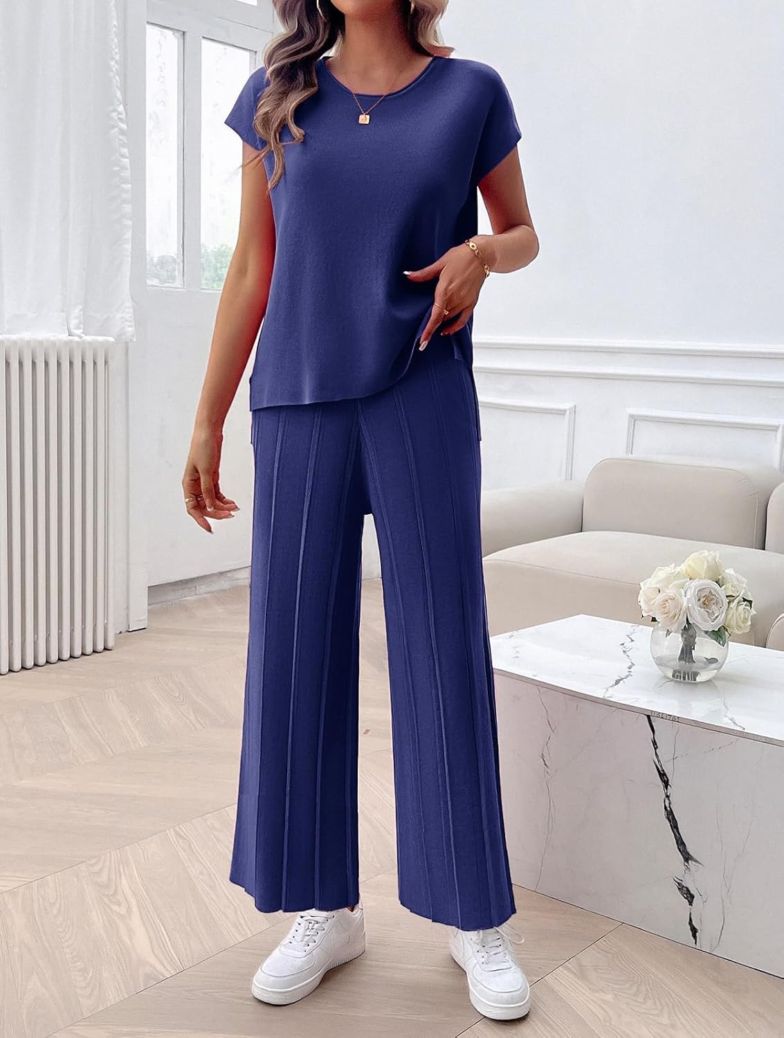 Womens 2 Pieces Lounge Sets Knit Sweater Sets Casual Cap Sleeve Tops with Wide Leg Pants Tracksuits