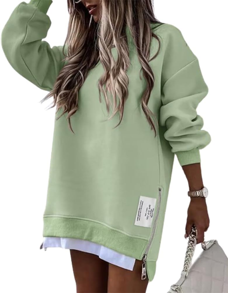 Womens Long Sleeve Zipper Slit Oversized Sweatshirt 2025 Casual Pullover Zipper Hoodies Fall Clothes