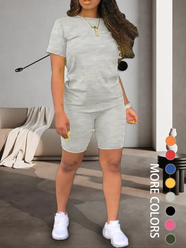 Two-piece Set Women's Plain Shorts Set. Comfort Round Neck Shortsleeve Tee & Skinny Shorts, Summer Clothes Women, Back To School Outfits, Workout Set, Fitted Casual Summer Clothes for Outdoor, Tomboy Femme Outfits, Workout Sets Women. Womenswear
