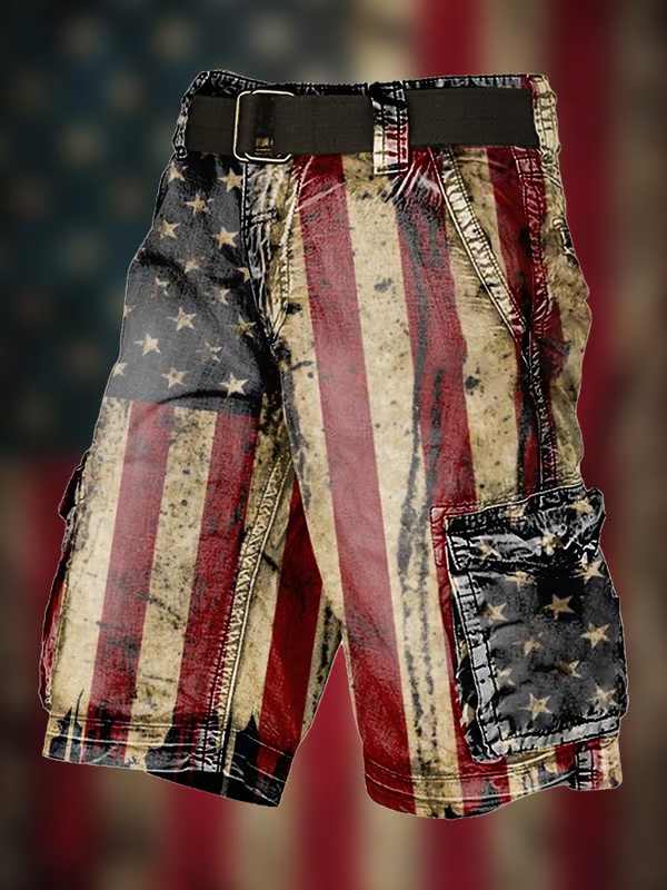 Men's Vintage Flag Independence Day Multi-Pocket Print Cargo Shorts (Belt Included)