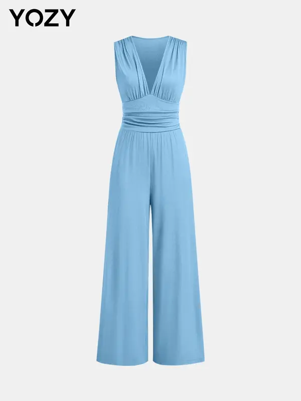 š„Flash Saleā” Deep V Neck Ruched Tank Jumpsuit, Sleeveless Wide Leg Jumpsuit, Women's Vacation & Holiday Wear for Evening Outfits on Holiday, Valentine's Day Gift for Girl