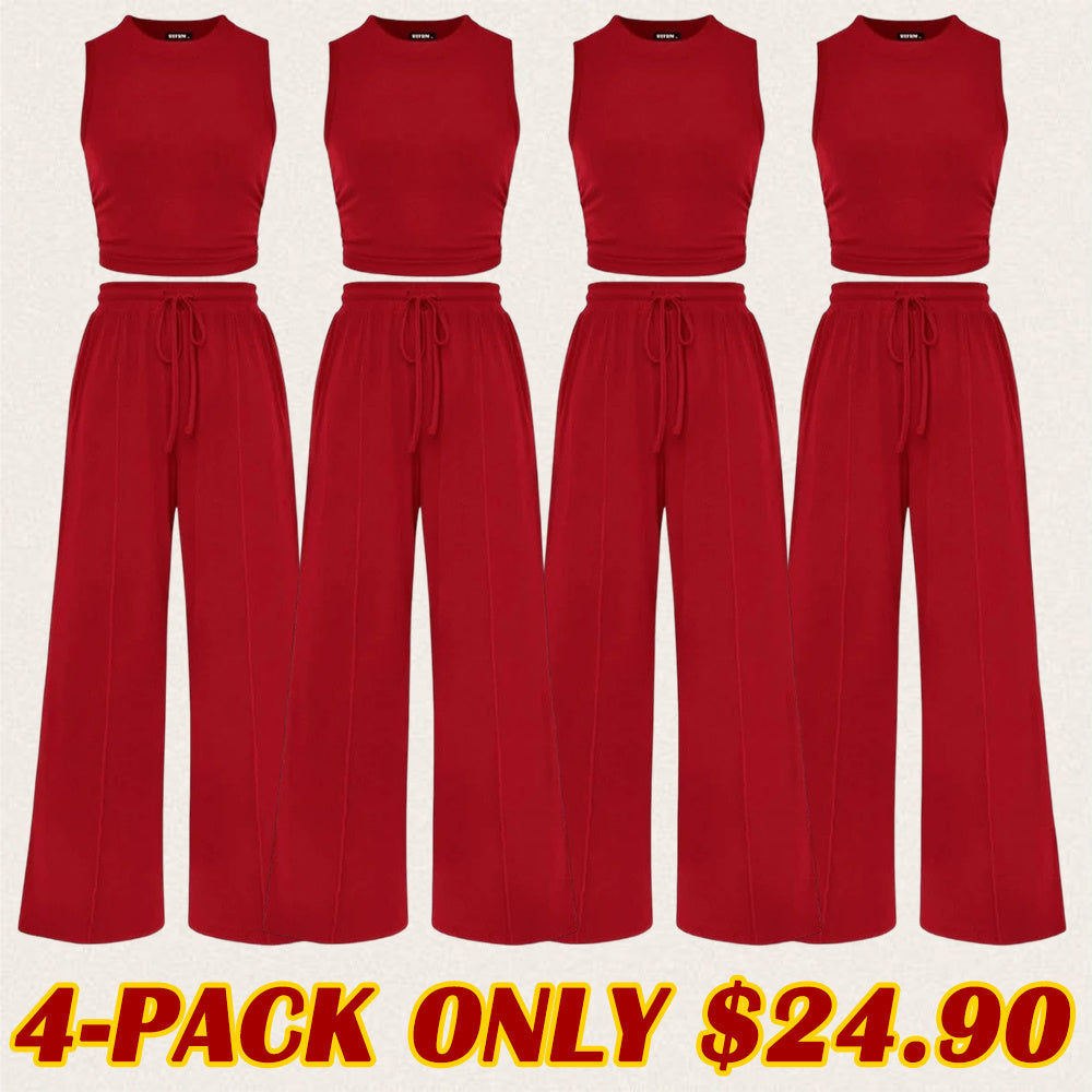 Women's Summer 2-Piece Outfits - Ribbed Knit Crew Neck Sleeveless Cropped Top & Wide Leg Pants Lounge Set