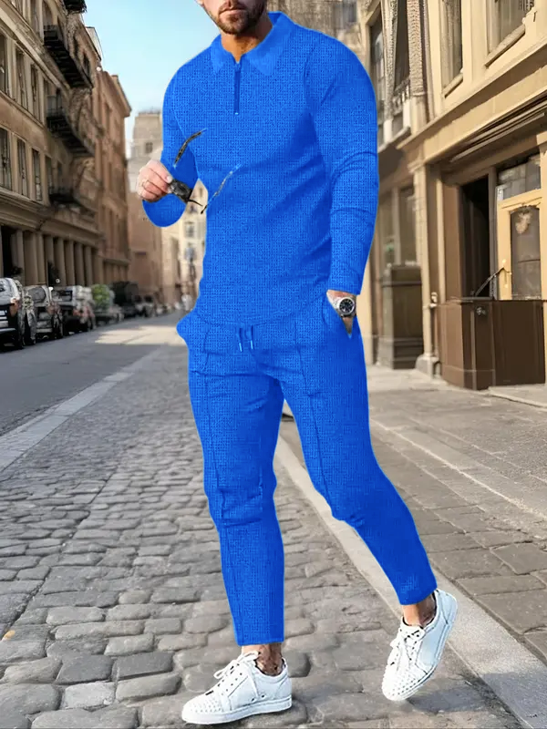 Men's Solid Textured Long Sleeve Polo Shirt & Drawstring Waist Pants Matching Sets