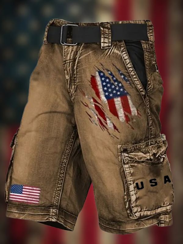Men's Vintage Flag Independence Day Multi-Pocket Print Cargo Shorts (Belt Included)