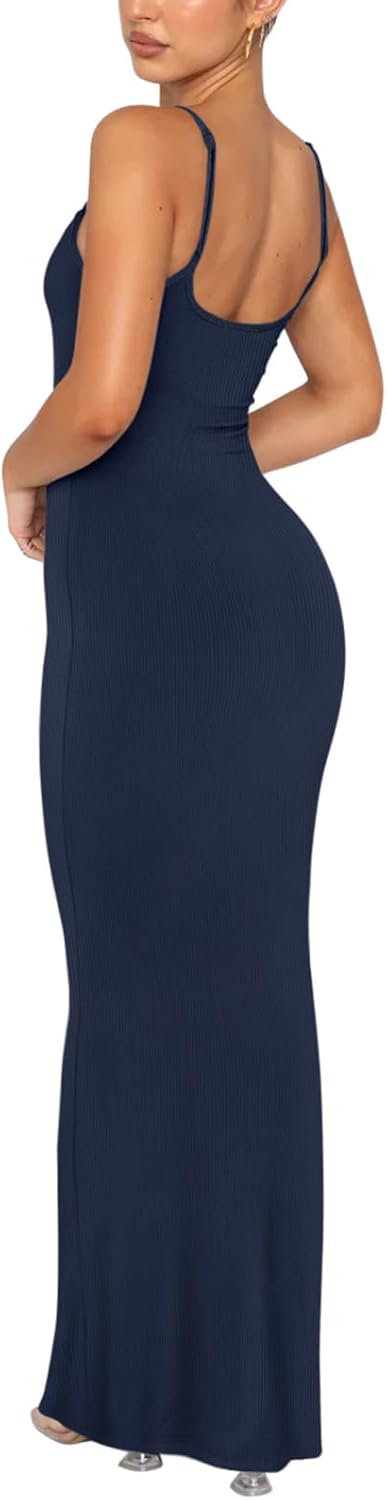 Women's Basic Sexy Lounge Slip Long Dress Elegant Sleeveless Backless Ribbed Bodycon Maxi Dresses