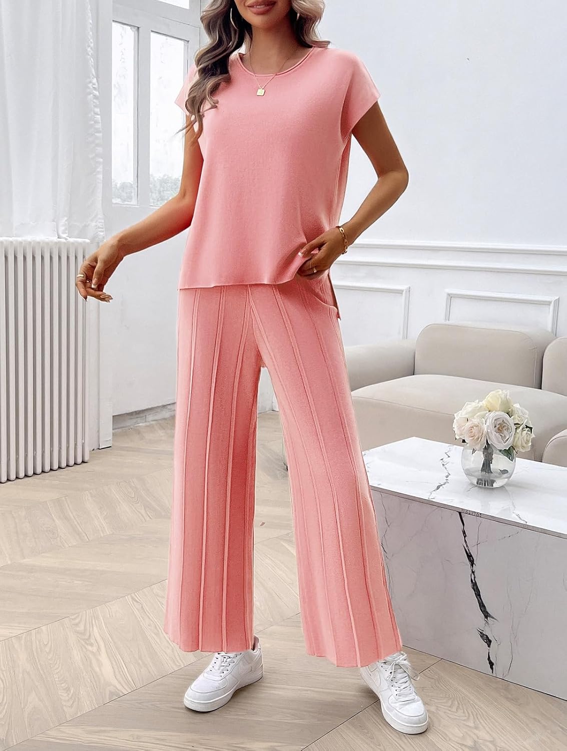Womens 2 Pieces Lounge Sets Knit Sweater Sets Casual Cap Sleeve Tops with Wide Leg Pants Tracksuits