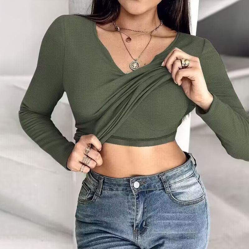 Women Built-in Self Bra Notch Neck Long Sleeve Shirts Tops Ruched Waist Rib-Knit Top