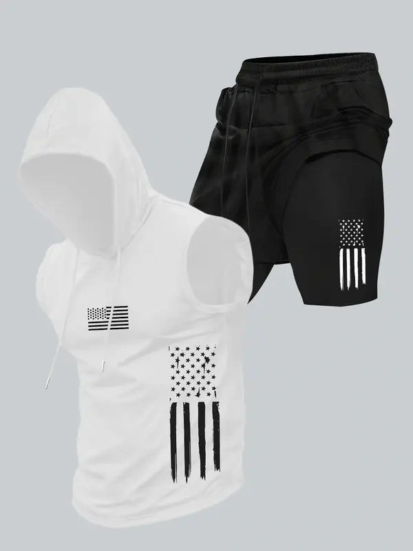 Season promotion--Two-piece Set Men's American Flag Print Hooded Tank Top & Shorts Set