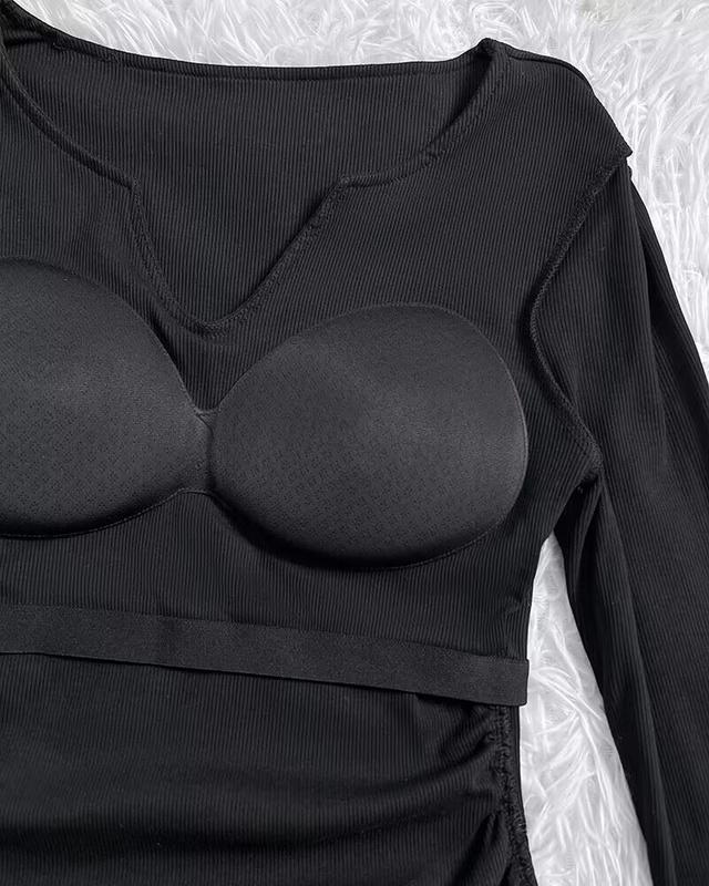 Women Built-in Self Bra Notch Neck Long Sleeve Shirts Tops Ruched Waist Rib-Knit Top