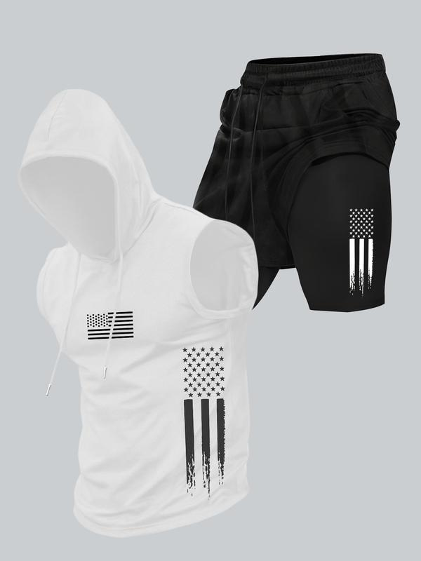 Season promotion--Two-piece Set Men's American Flag Print Hooded Tank Top & Shorts Set