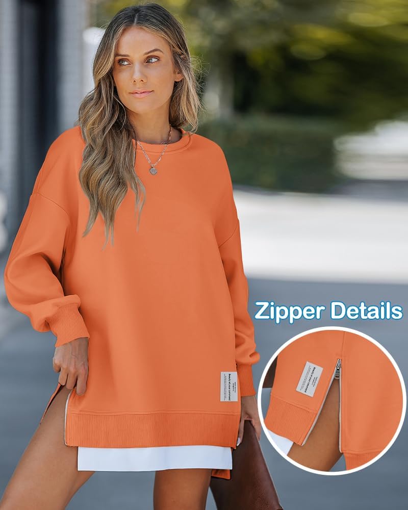 Womens Long Sleeve Zipper Slit Oversized Sweatshirt 2025 Casual Pullover Zipper Hoodies Fall Clothes