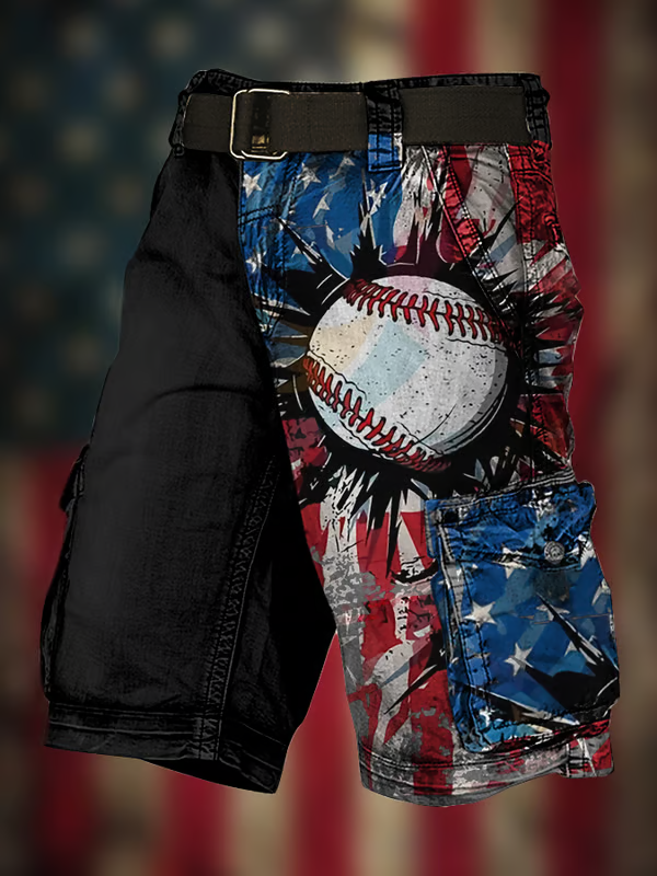 Men's Vintage Flag Independence Day Multi-Pocket Print Cargo Shorts (Belt Included)