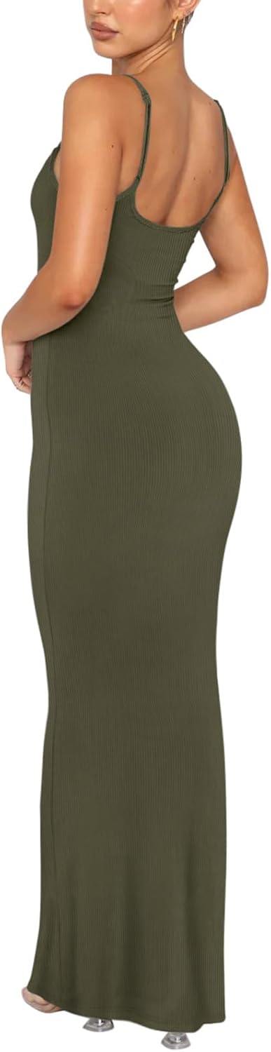 Women's Basic Sexy Lounge Slip Long Dress Elegant Sleeveless Backless Ribbed Bodycon Maxi Dresses