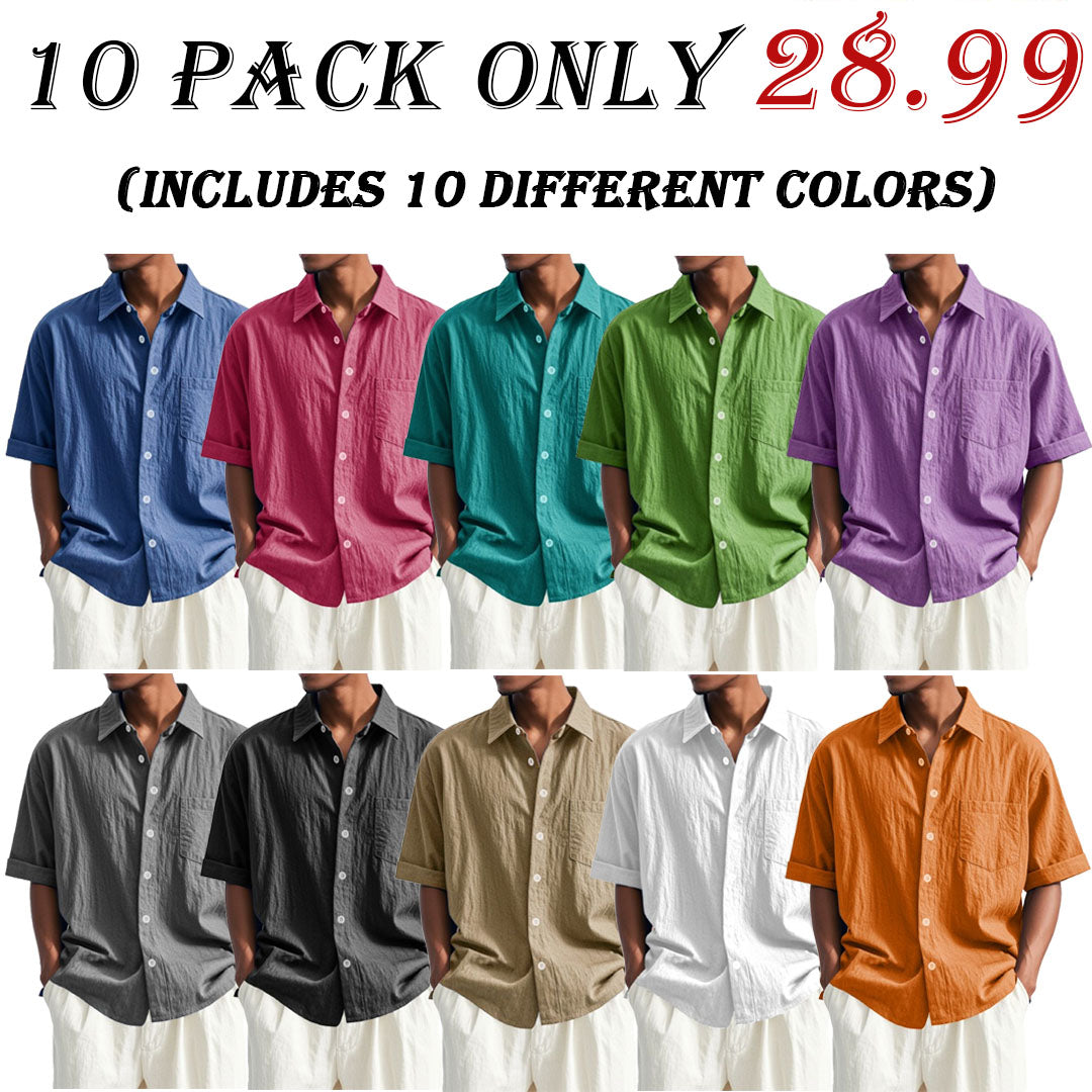 Men's Fashion Casual Pleated Fabric Short Sleeve Lapel Pocket Shirt