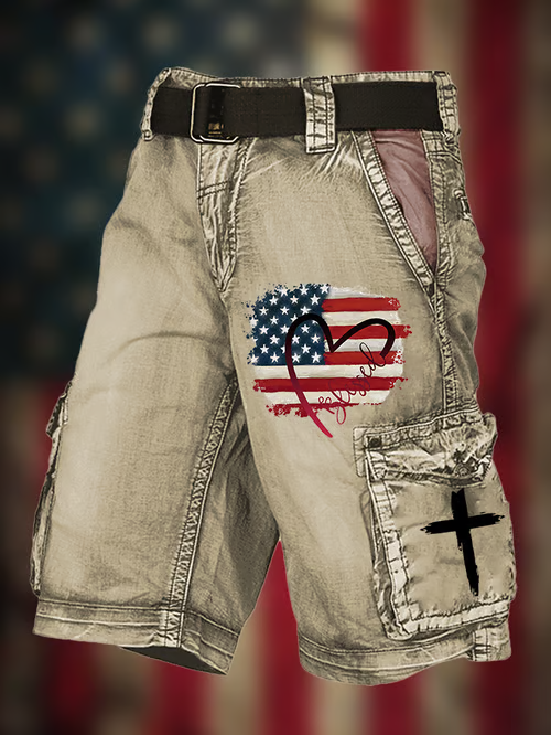 Men's Vintage Flag Independence Day Multi-Pocket Print Cargo Shorts (Belt Included)