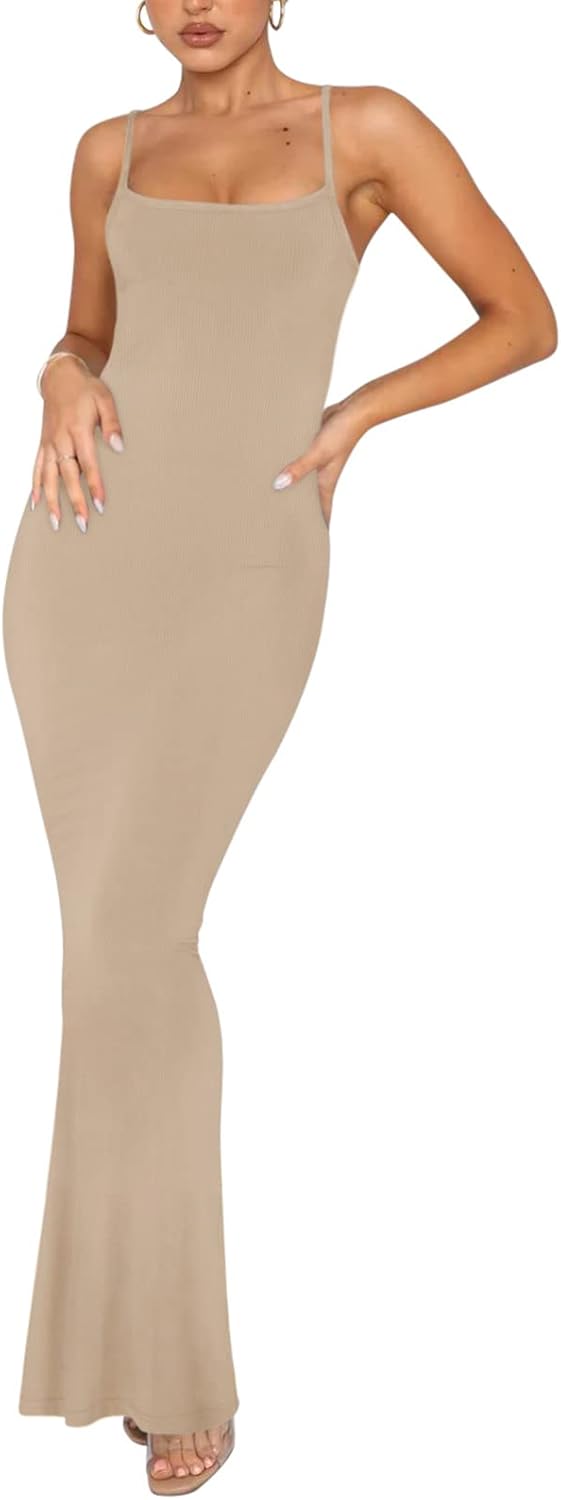 Women's Basic Sexy Lounge Slip Long Dress Elegant Sleeveless Backless Ribbed Bodycon Maxi Dresses