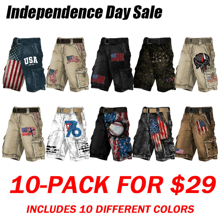 Men's Vintage Flag Independence Day Multi-Pocket Print Cargo Shorts (Belt Included)