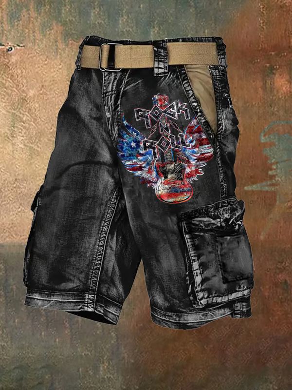 Men's Vintage Flag Independence Day Multi-Pocket Print Cargo Shorts (Belt Included)