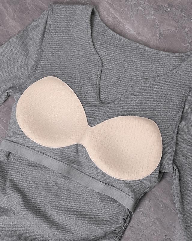 Women Built-in Self Bra Notch Neck Long Sleeve Shirts Tops Ruched Waist Rib-Knit Top