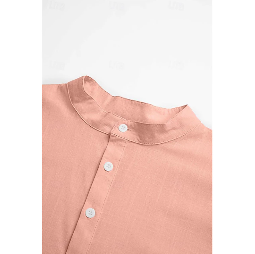 Men's Shirt Linen Shirt Band Collar Shirt Popover Shirt Summer Shirt Beach Wear Plain Vacation Casual Black White Yellow Pink Short Sleeve Henley Summer Clothing Apparel
