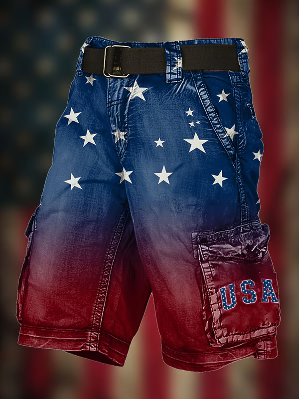 Men's Vintage Flag Independence Day Multi-Pocket Print Cargo Shorts (Belt Included)