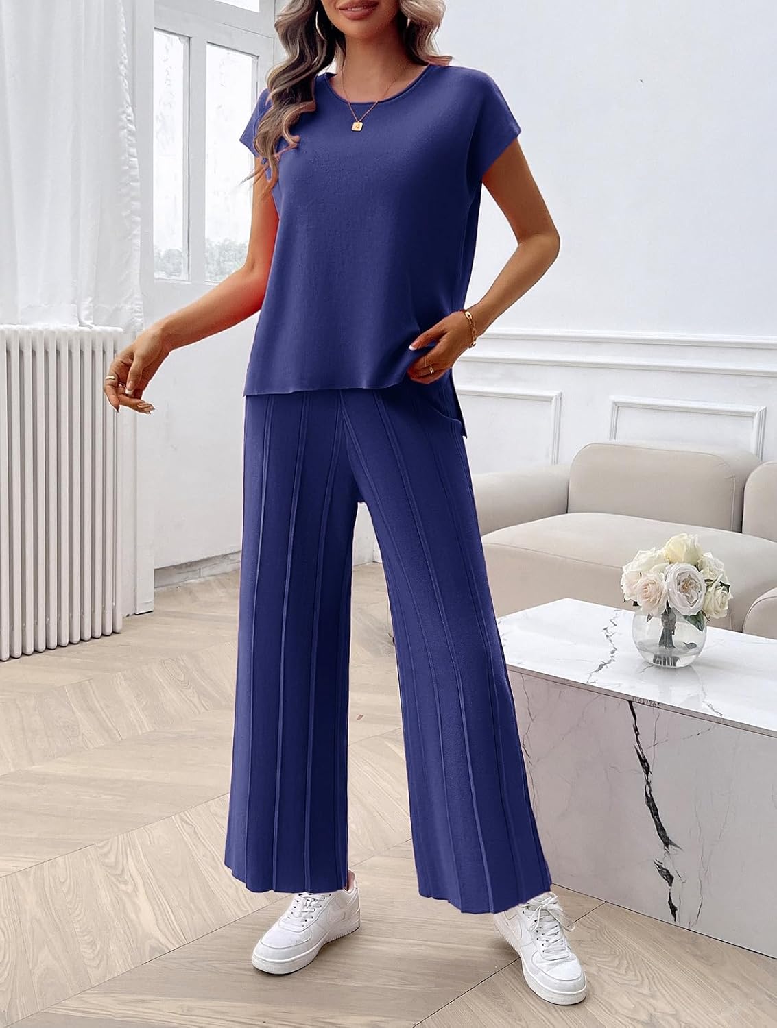 Womens 2 Pieces Lounge Sets Knit Sweater Sets Casual Cap Sleeve Tops with Wide Leg Pants Tracksuits