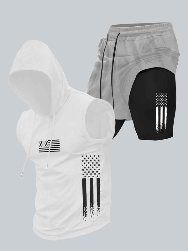 Season promotion--Two-piece Set Men's American Flag Print Hooded Tank Top & Shorts Set