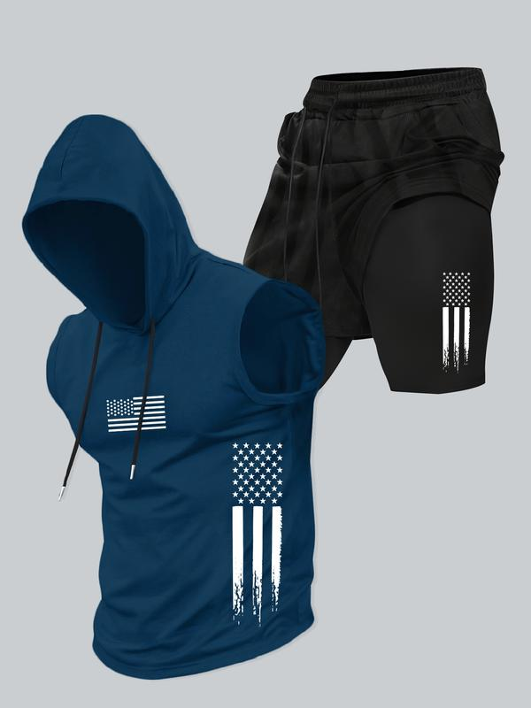 Season promotion--Two-piece Set Men's American Flag Print Hooded Tank Top & Shorts Set