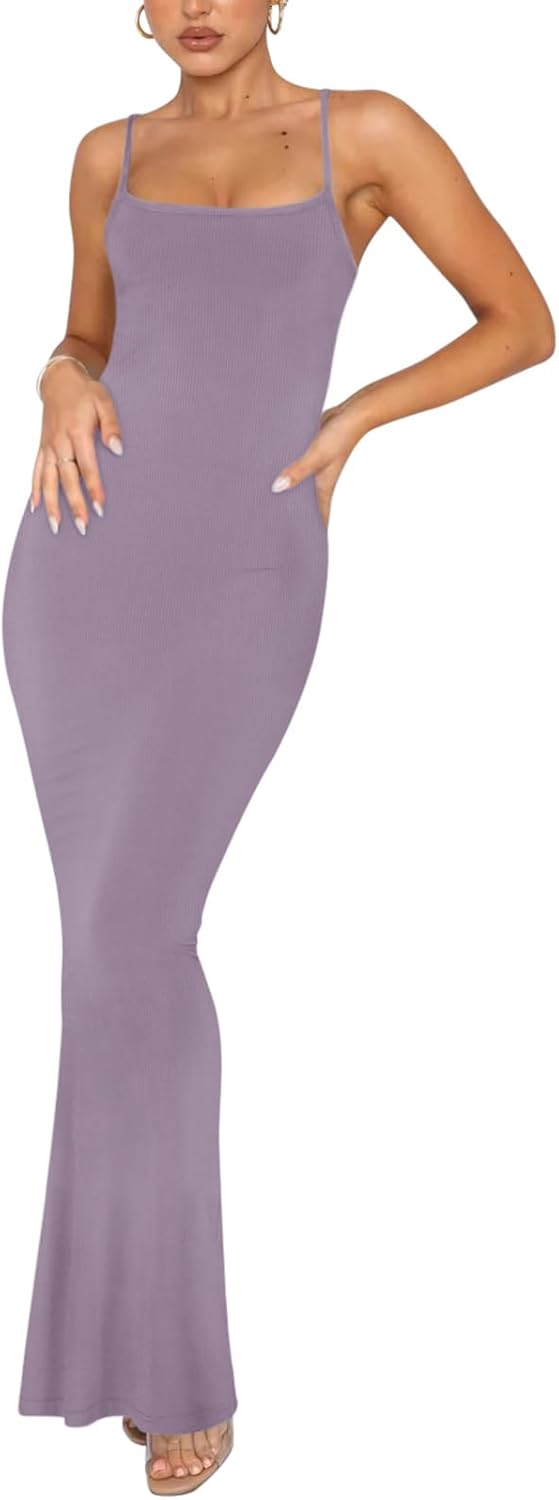 Women's Basic Sexy Lounge Slip Long Dress Elegant Sleeveless Backless Ribbed Bodycon Maxi Dresses