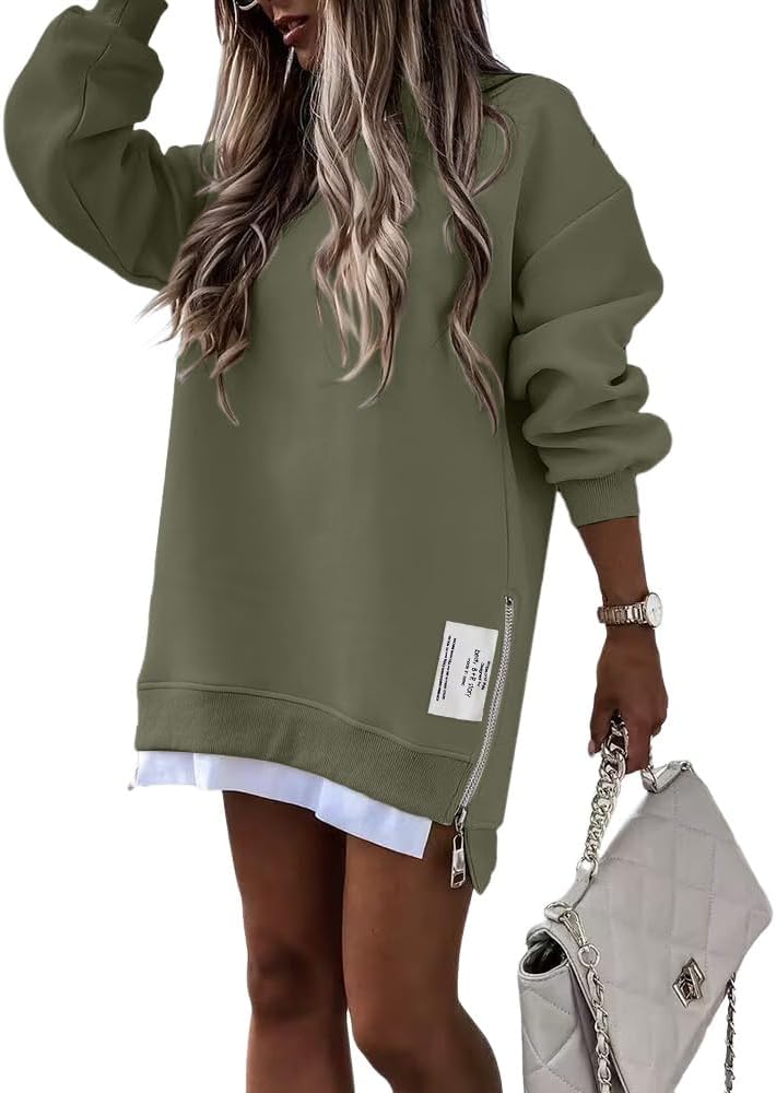Womens Long Sleeve Zipper Slit Oversized Sweatshirt 2025 Casual Pullover Zipper Hoodies Fall Clothes