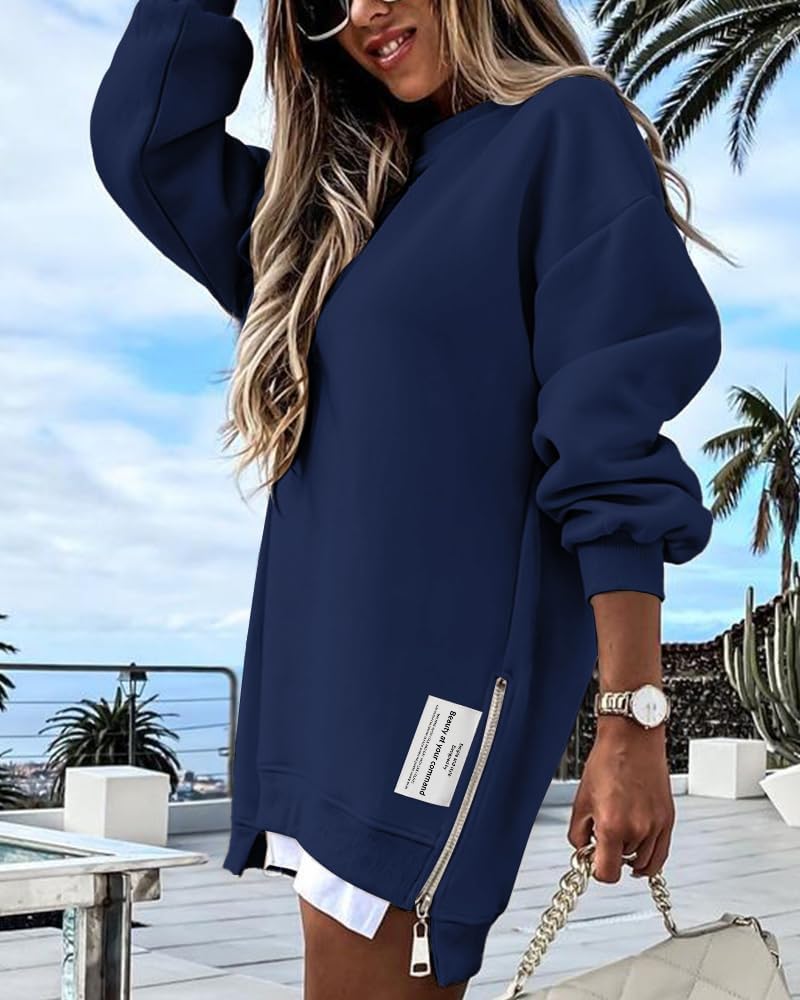 Womens Long Sleeve Zipper Slit Oversized Sweatshirt 2025 Casual Pullover Zipper Hoodies Fall Clothes