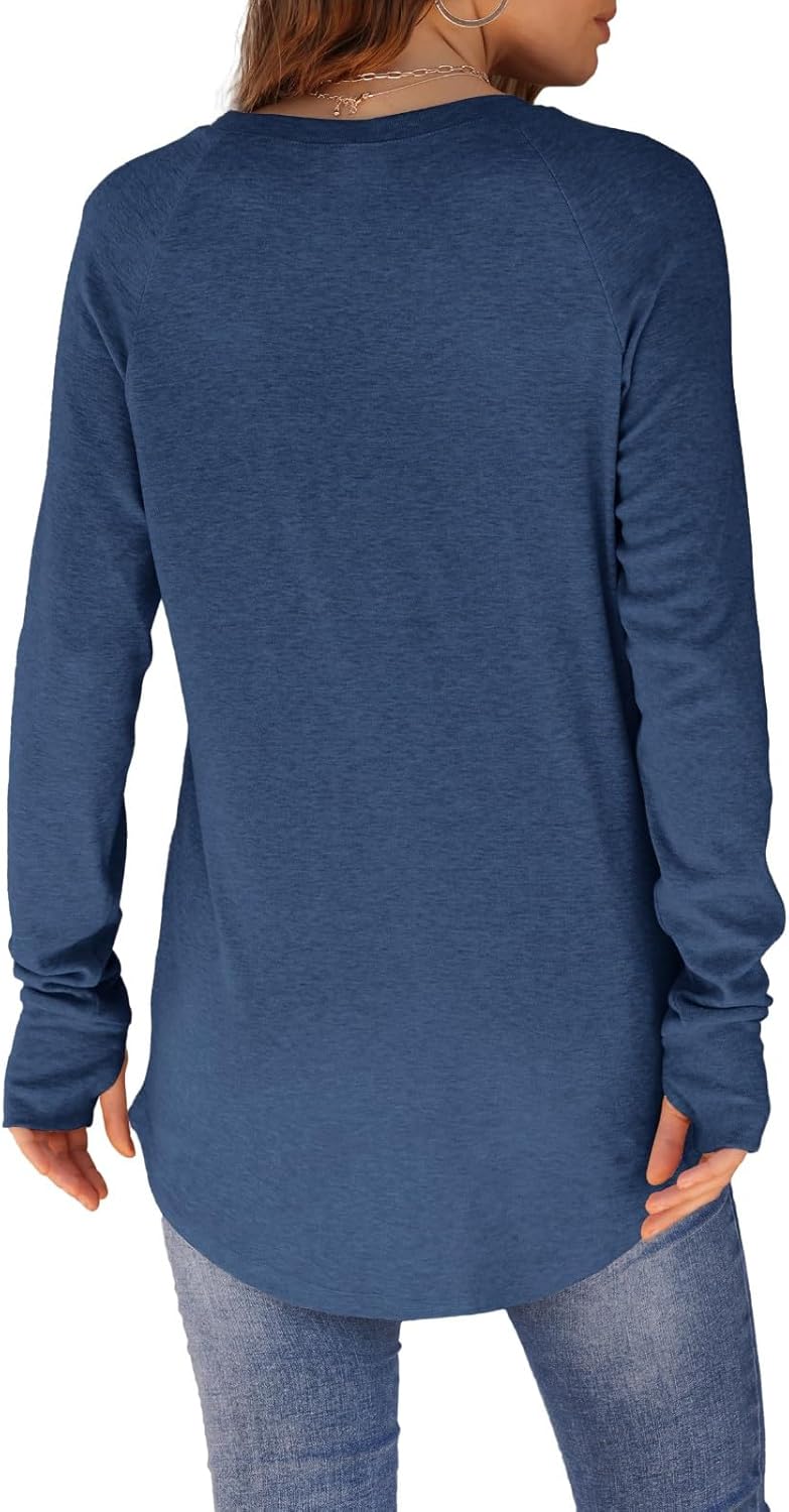 Womens Tunic Tops to Wear with Leggings Long Sleeve Thumb Hole Shirts Crew Neck Curved Hem Fall Winter Clothes