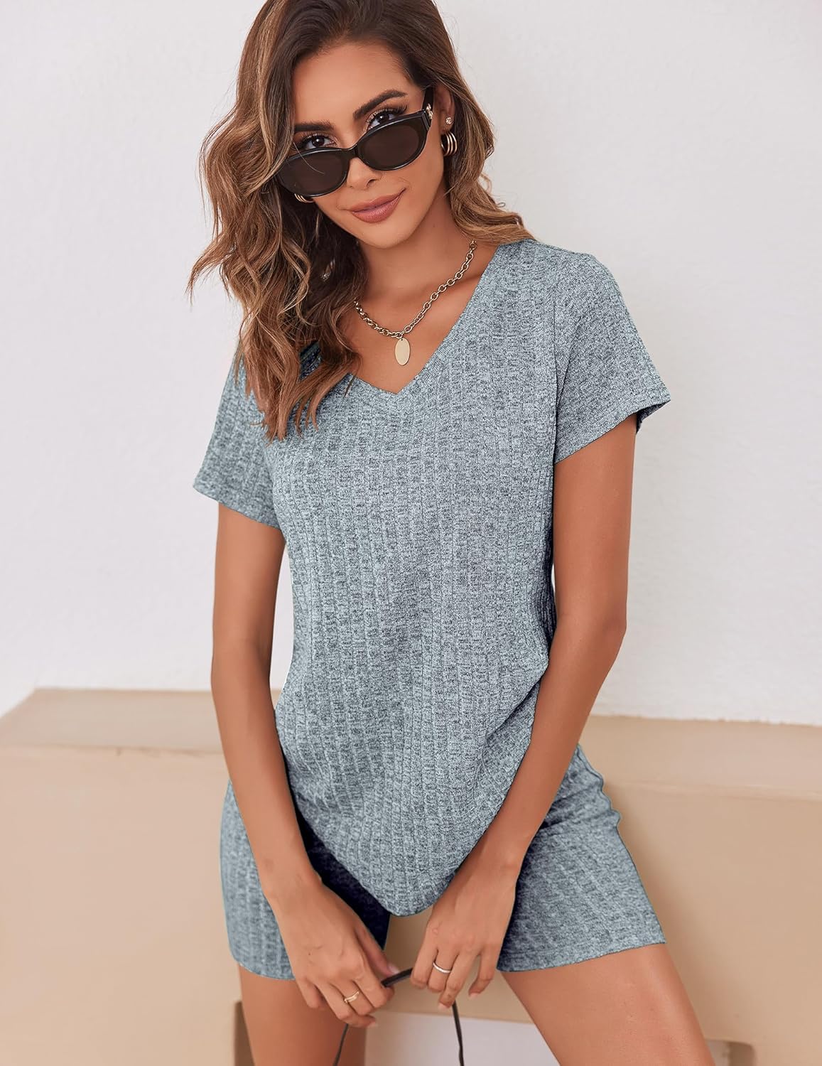 Biker Short Sets Women 2 Piece Outfits Ribbed Pajama Short Sleeve Workout Set