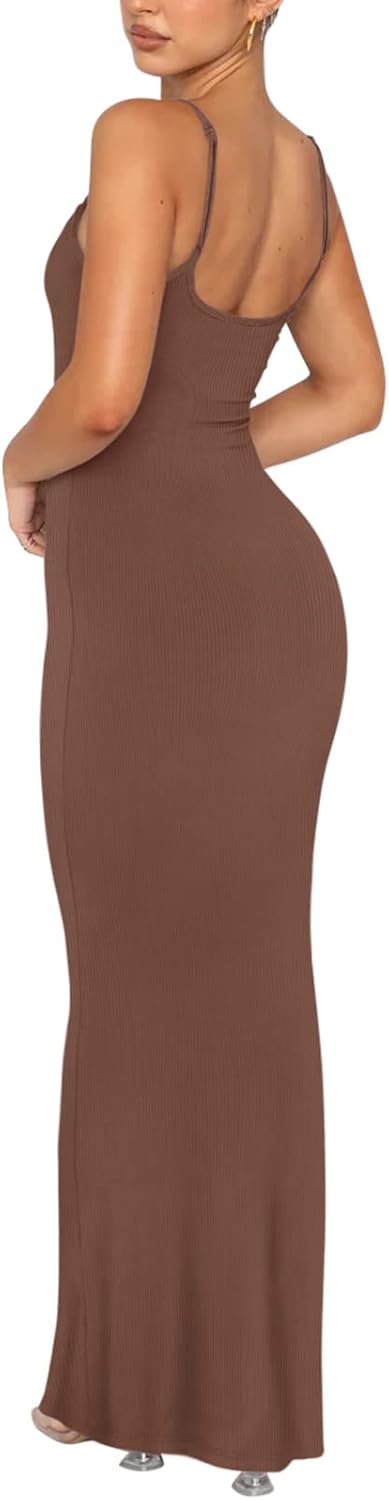 Women's Basic Sexy Lounge Slip Long Dress Elegant Sleeveless Backless Ribbed Bodycon Maxi Dresses
