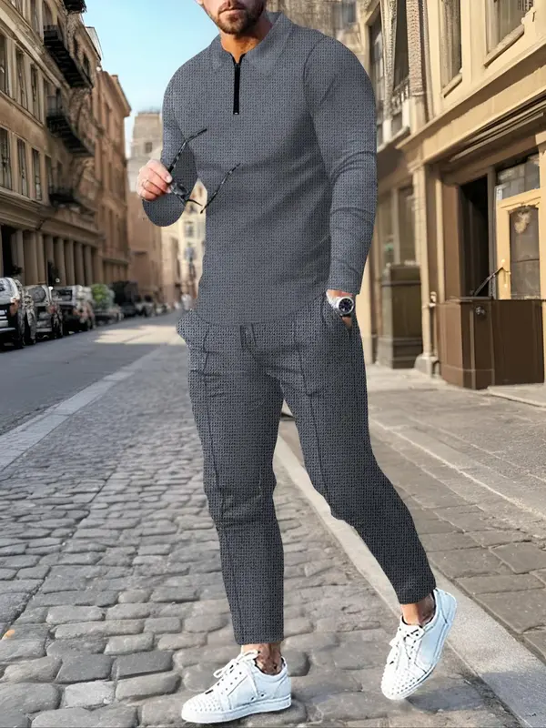 Men's Solid Textured Long Sleeve Polo Shirt & Drawstring Waist Pants Matching Sets